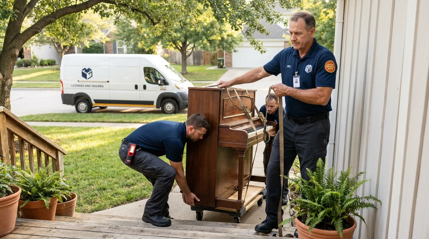 Licensed piano movers securing grand piano in Bernie, MO