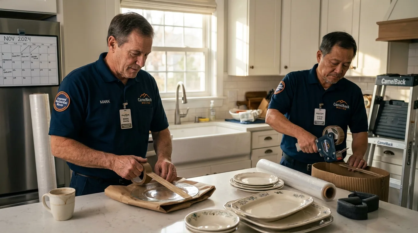 Professional crew packing kitchen dishware in Bernie, MO